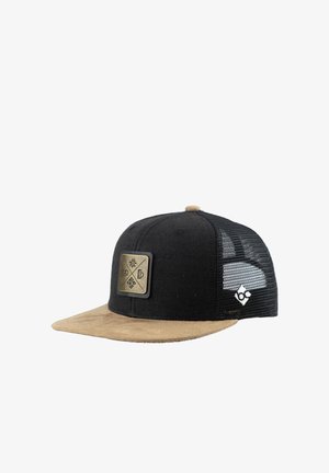 Black and tan mesh baseball cap with flat brim and bronze square emblem featuring four small icons on front panel.