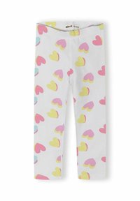 Leggings blancs pour enfants avec des motifs de coeurs superposés en rose, jaune et bleu clair, répartis uniformément sur le tissu.