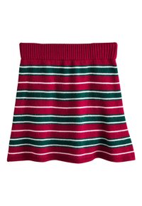 Falda roja de punto con rayas horizontales en blanco, verde oscuro y verde claro. Cintura acanalada con dobladillo acampanado. Textura suave.