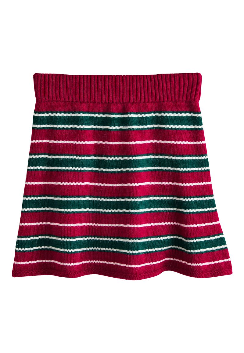 Falda roja de punto con rayas horizontales en blanco, verde oscuro y verde claro. Cintura acanalada con dobladillo acampanado. Textura suave.