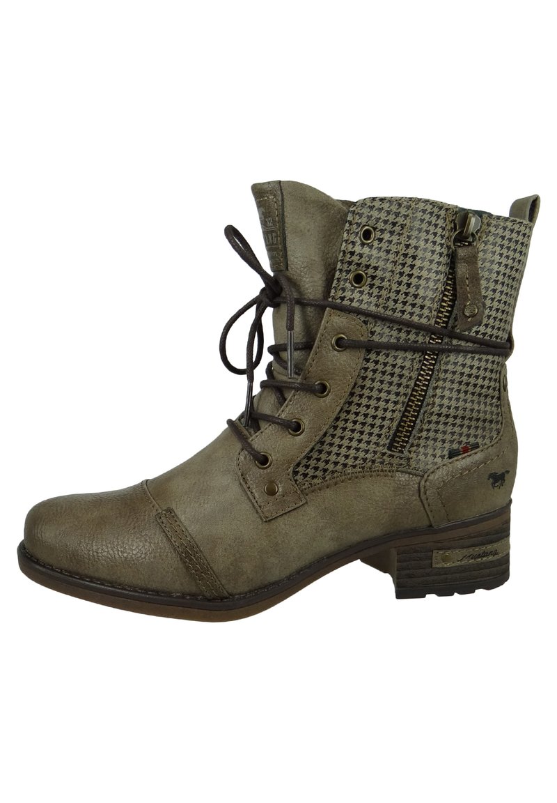 Stivaletto verde con pelle strutturata, pannello in tessuto houndstooth, chiusura con lacci, cerniera laterale e tacco basso a blocco.