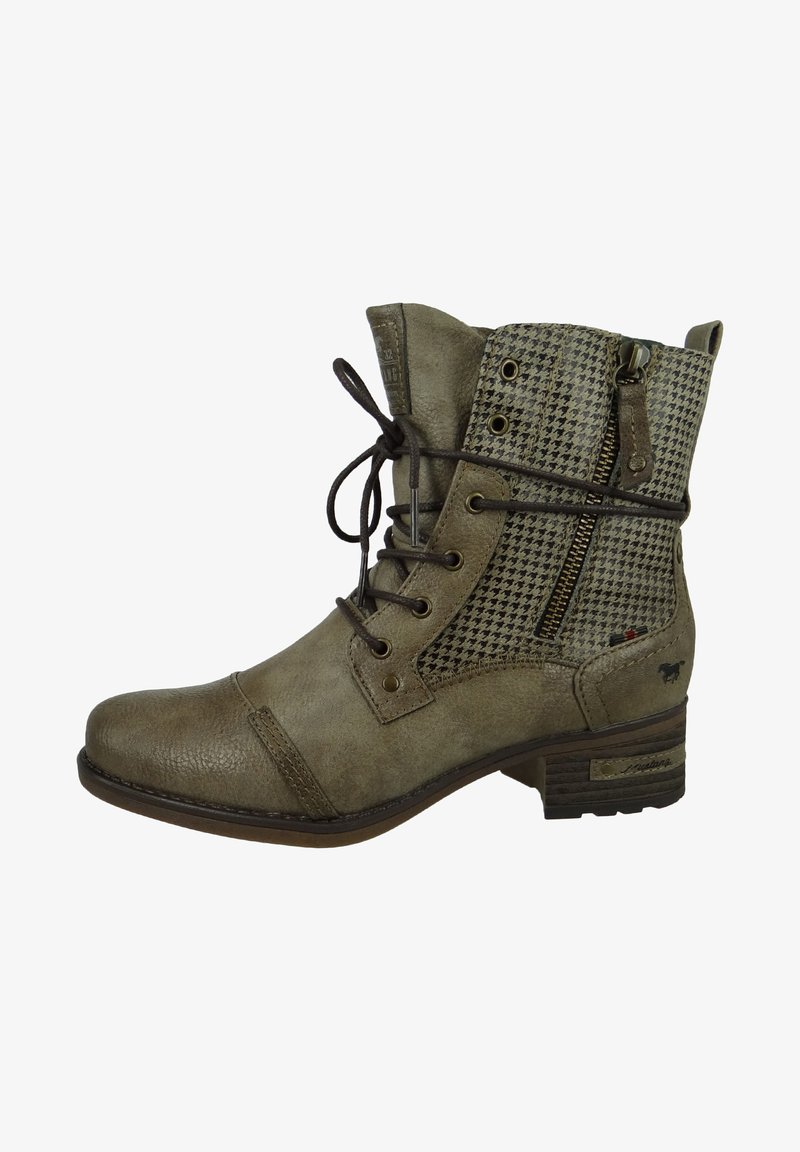 Stivaletto verde con pelle strutturata, pannello in tessuto houndstooth, chiusura con lacci, cerniera laterale e tacco basso a blocco.