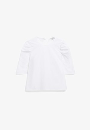 Weißes Oberteil mit dreiviertellangen Puffärmeln, Rundhalsausschnitt, Rückenschlitzdetail und glatter Textur. Markenlabel "IVY OAK" sichtbar.