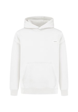 Witte hoodie met een voorste kangaroozak, ribgebreide manchetten en zoom, gemaakt van zachte stof. Heeft een klein merkje op de borst.