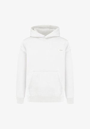 White hooded sweatshirt with a front kangaroo pocket, ribbed cuffs, and hem, made of soft fabric. Features a small brand tag on the chest.