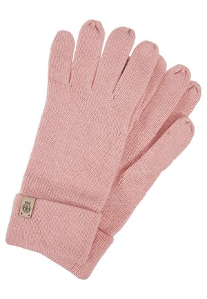 Knitted pink gloves with five fingers, featuring a ribbed cuff and a small brand tag on the wrist area. Textured yarn material.