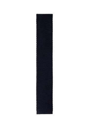 Corbata de punto negra con un patrón texturizado, mostrada verticalmente sobre un fondo blanco.