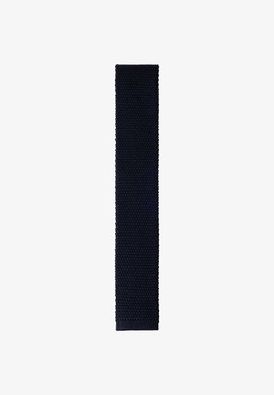 Corbata de punto negra con un patrón texturizado, mostrada verticalmente sobre un fondo blanco.