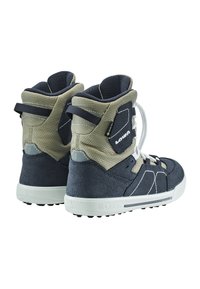 Donkerblauwe en beige hoge sneakers met een bovenwerk van suede en textiel, witte veters en een ruwe rubberen zool. Versterkte hiel en enkelsteun.
