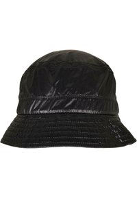 Svart bøttehatt laget av blank nylon med rund topp, bred skygge og stikkede detaljer langs kronen og kantene på skyggen.