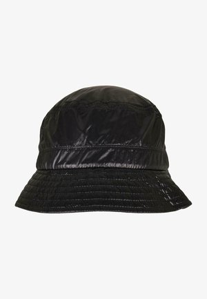 Black bucket hat made of glossy nylon with a round top, wide brim, and stitched detailing along the crown and brim edges.