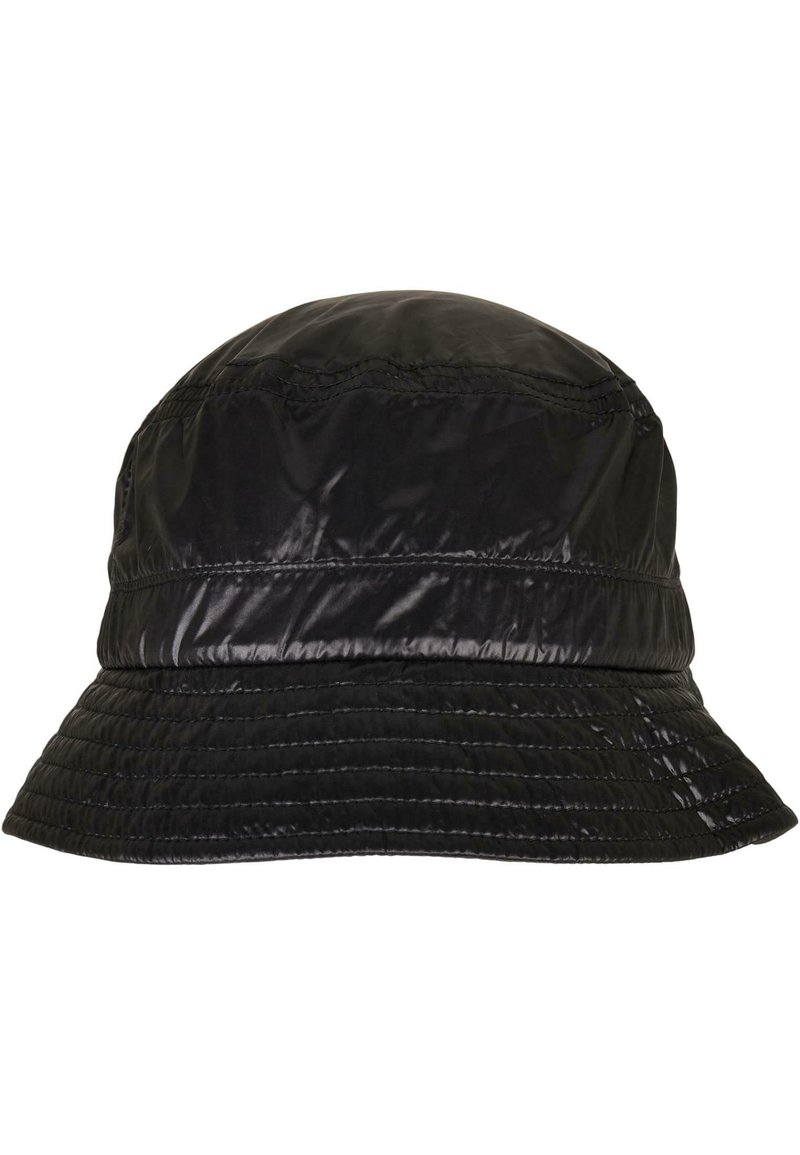 Svart bøttehatt laget av blank nylon med rund topp, bred skygge og stikkede detaljer langs kronen og kantene på skyggen.