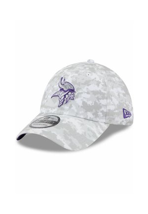 Gray camouflage cap featuring a purple Viking logo embroidered on the front, structured design, and a curved brim.