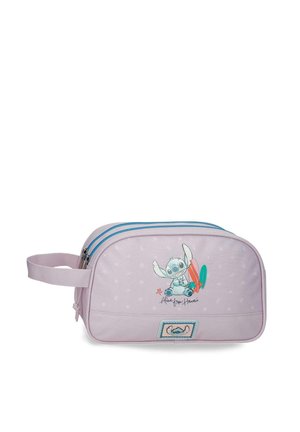 Bolsa de aseo lila clara con cremalleras azules, con un personaje extraterrestre de dibujos animados que sostiene tablas de surf y el texto "Aloha from Hawaii."