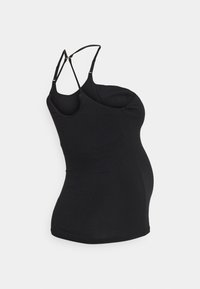 Top de maternidade preto com alças finas ajustáveis, design justo e textura suave, que se estende sobre a forma arredondada da barriga.