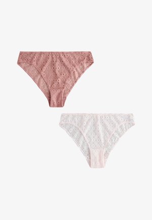 Deux culottes de style bikini pour femmes avec motif en dentelle, une rose poudré et une rose clair sur fond blanc.