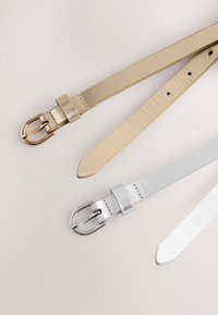 Zwei metallische Gürtel: einer in Gold mit einer roségoldenen Schnalle, einer in Silber mit einer silbernen Schnalle. Beide sind flach, haben eine glatte Textur und fünf Löcher.
