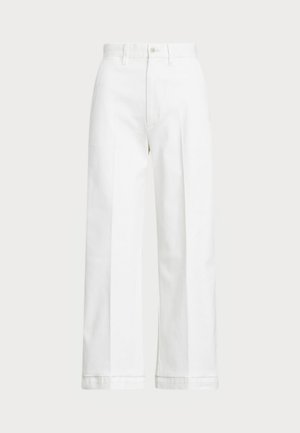 White wide-leg trousers with a high waist, featuring a button closure and subtle stitching details. Made from cotton with a smooth texture.