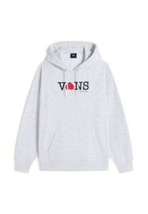 Grauer Kapuzenpullover mit Kängurutasche, Kordelzug an der Kapuze und gedrucktem "VONS"-Logo mit rotem Herzakzent. Weiche Stofftextur.