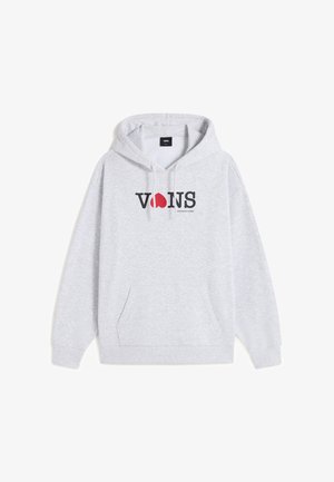 Grijze hoodie met een buidelzak, capuchon met trekkoord en een bedrukt "VONS" logo met een rood hartaccent. Zachte stoftextuur.