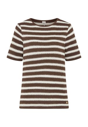 Bruin-wit horizontaal gestreept gebreid topje met korte mouwen, een ronde halslijn en een klein gouden embleem nabij de onderzoom.