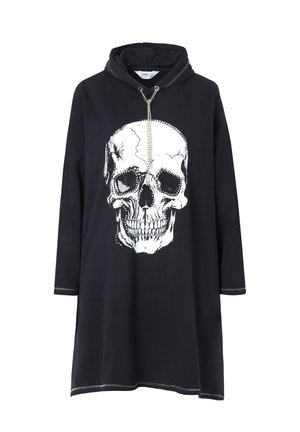 Robe à capuche noire à manches longues, ornée d'un grand graphique de crâne blanc, d'une fermeture éclair argentée et de détails en chaîne, fabriquée en tissu doux.