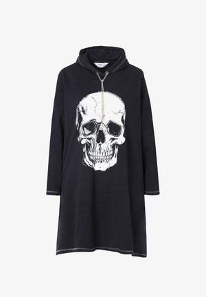 Black hoodie dress with long sleeves, featuring a large white skull graphic, silver-colored zipper, and chain detail, in soft fabric.