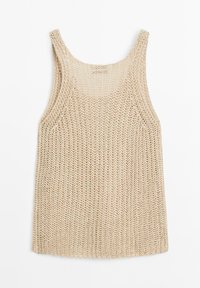 Débardeur en tricot beige avec de larges bretelles, présentant une texture lâche et aérée ainsi qu'une coupe droite. Pas d'ornementation.