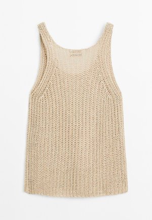 Débardeur en tricot beige avec de larges bretelles, présentant une texture lâche et aérée ainsi qu'une coupe droite. Pas d'ornementation.