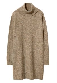 Tunique en tricot beige avec col montant, manches longues et poignets côtelés, présentant un tissu doux et texturé sur toute la surface.