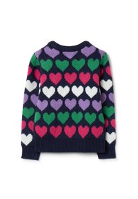 Strickpullover mit navyfarbenem Hintergrund und einem sich wiederholenden Muster aus Herzen in grün, pink, lila und weiß. Gerippter Halsausschnitt und Ärmelbündchen.