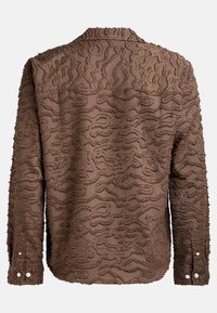 Brown button-up shirt featuring a textured wavy pattern, long sleeves, and a classic collar. Includes white button accents on cuffs.