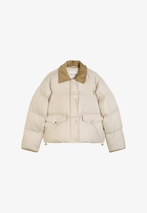 Puff jacket with a light beige body and brown corduroy collar. Features two front pockets, gold snap buttons, and quilted texture.