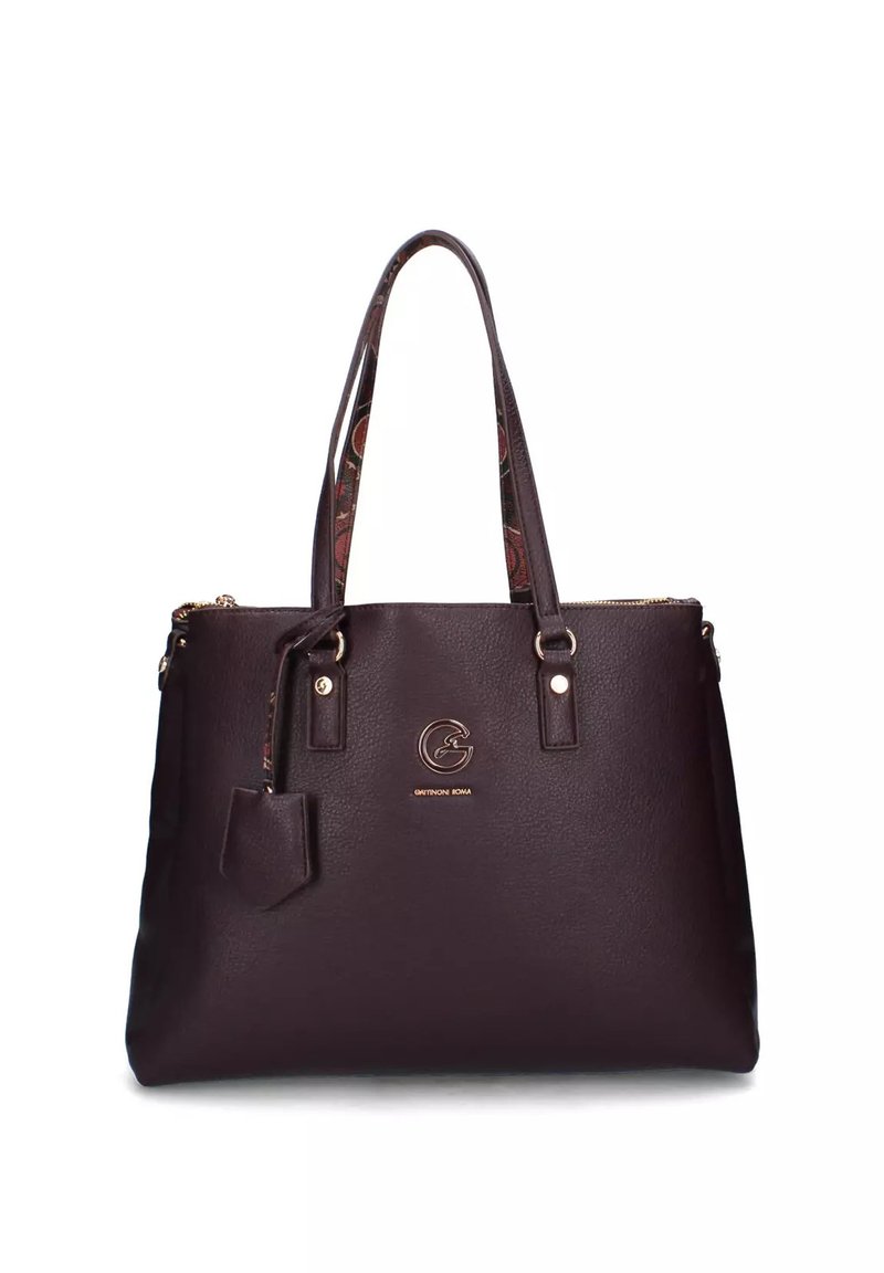 Borsa a spalla in pelle marrone scuro con doppio manico, logo dorato "Gattinoni Roma" sul davanti e un piccolo tag in pelle attaccato.