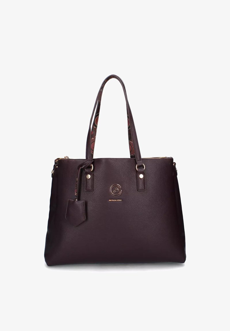 Borsa a spalla in pelle marrone scuro con doppio manico, logo dorato "Gattinoni Roma" sul davanti e un piccolo tag in pelle attaccato.