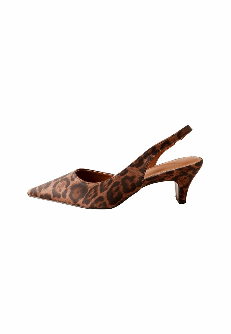 Leopardo raštas slingback aukštakulniai bateliai su smailiu priekiu, mažu kulnu ir lygiu paviršiumi. Yra išpjovos dizainas šonuose ir gale.