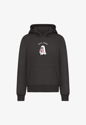 Black hoodie with a front pocket. Features a graphic of a ghost reading a pink book above the text "BOO CREW" in white. Soft texture.
