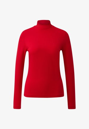 Rotes Langarm-Turtleneck-Shirt mit eng anliegendem Schnitt, auf einem schlichten weißen Hintergrund präsentiert.