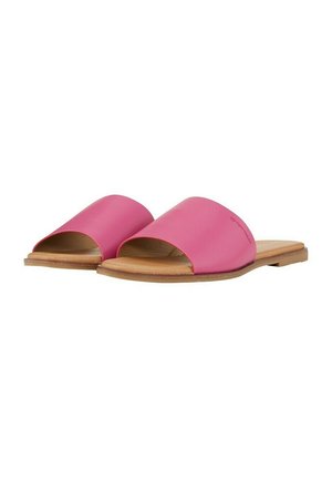 Pink open-toe slide sandals with a smooth, glossy finish, featuring a single wide strap. The sole is made of light brown, textured material.