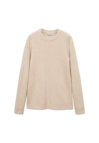 Pull beige en maille avec un motif texturé, col rond et manches longues. Poignets et ourlet côtelés, confectionné dans un tissu doux.