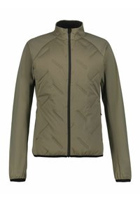 Chaqueta aislante en verde olivo con cuello alto, cremallera frontal completa y patrón de acolchado en diagonal. Cuenta con puños y dobladillo elásticos.