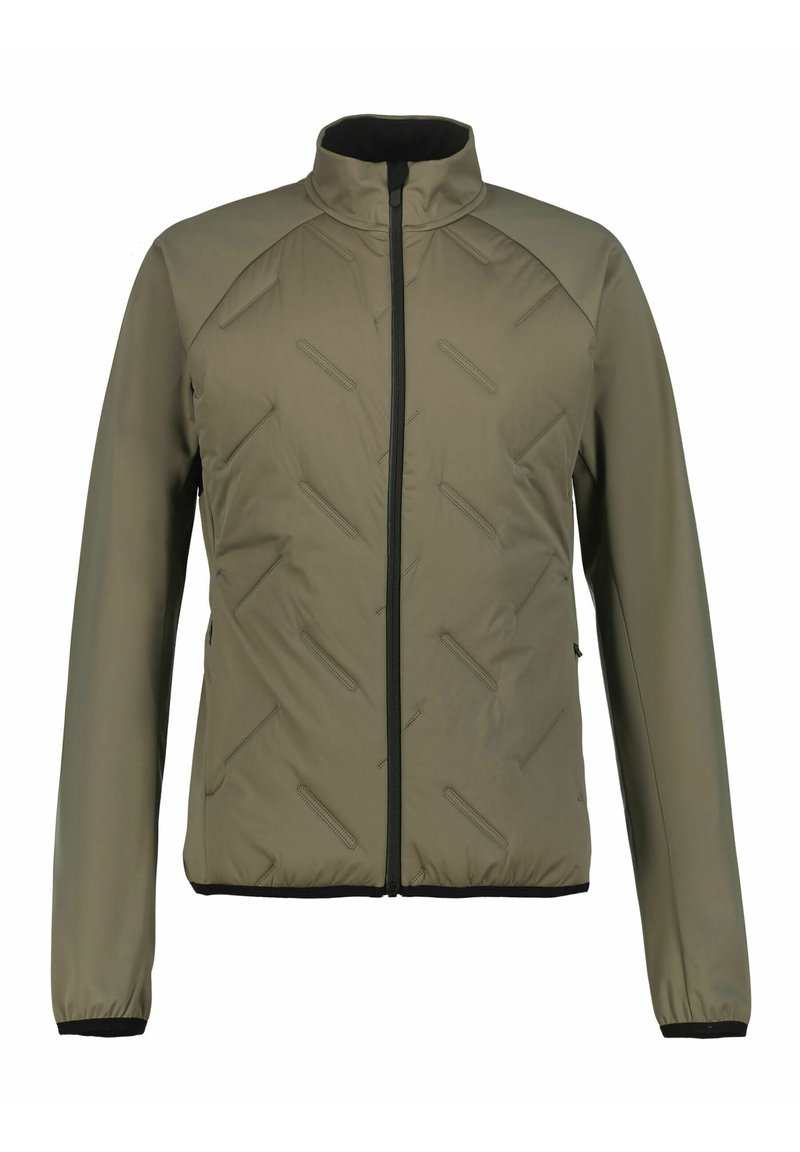Chaqueta aislante en verde olivo con cuello alto, cremallera frontal completa y patrón de acolchado en diagonal. Cuenta con puños y dobladillo elásticos.