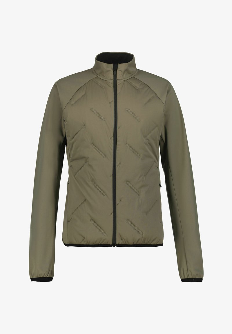 Chaqueta aislante en verde olivo con cuello alto, cremallera frontal completa y patrón de acolchado en diagonal. Cuenta con puños y dobladillo elásticos.