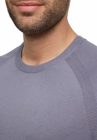 Licht paarse korte mouw trui met een ribbelkraag en tekstuurdetails in de naden, gemaakt van een zachte gebreide stof.