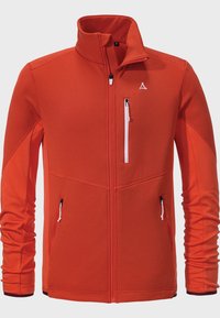 Red fleece jacket with high collar, zippered pockets, and textured fabric. Features white zipper accents and a logo on the chest.