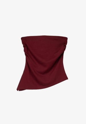 Burgunderröd tube top i mjukt tyg, med en draperad design och asymmetrisk fåll samt samlad detalj på ena sidan.