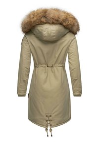 Beige parka coat with a fur-trimmed hood, drawstring waist, and lace-up accents at the hem. Features a logo on the back.