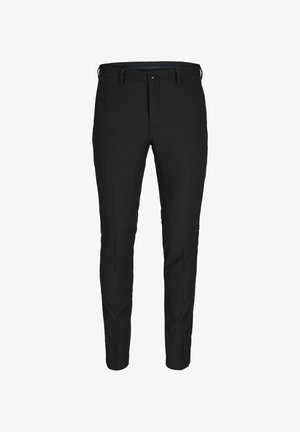 Zwarte op maat gemaakte broeken met een slim fit, met een platte voorkant, riemlussen en een enkele knoopsluiting. Glad stof zonder patronen.