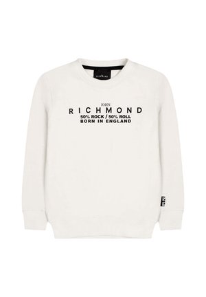 Felpa bianca realizzata in morbido cotone con collo a giro. Presenta un testo nero: "JOHN RICHMOND 50% ROCK / 50% ROLL NATO IN INGHILTERRA" e un'etichetta con logo.