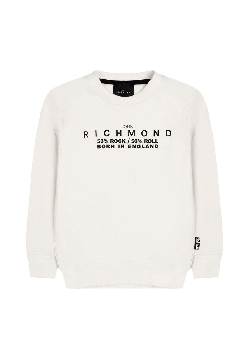 Felpa bianca realizzata in morbido cotone con collo a giro. Presenta un testo nero: "JOHN RICHMOND 50% ROCK / 50% ROLL NATO IN INGHILTERRA" e un'etichetta con logo.